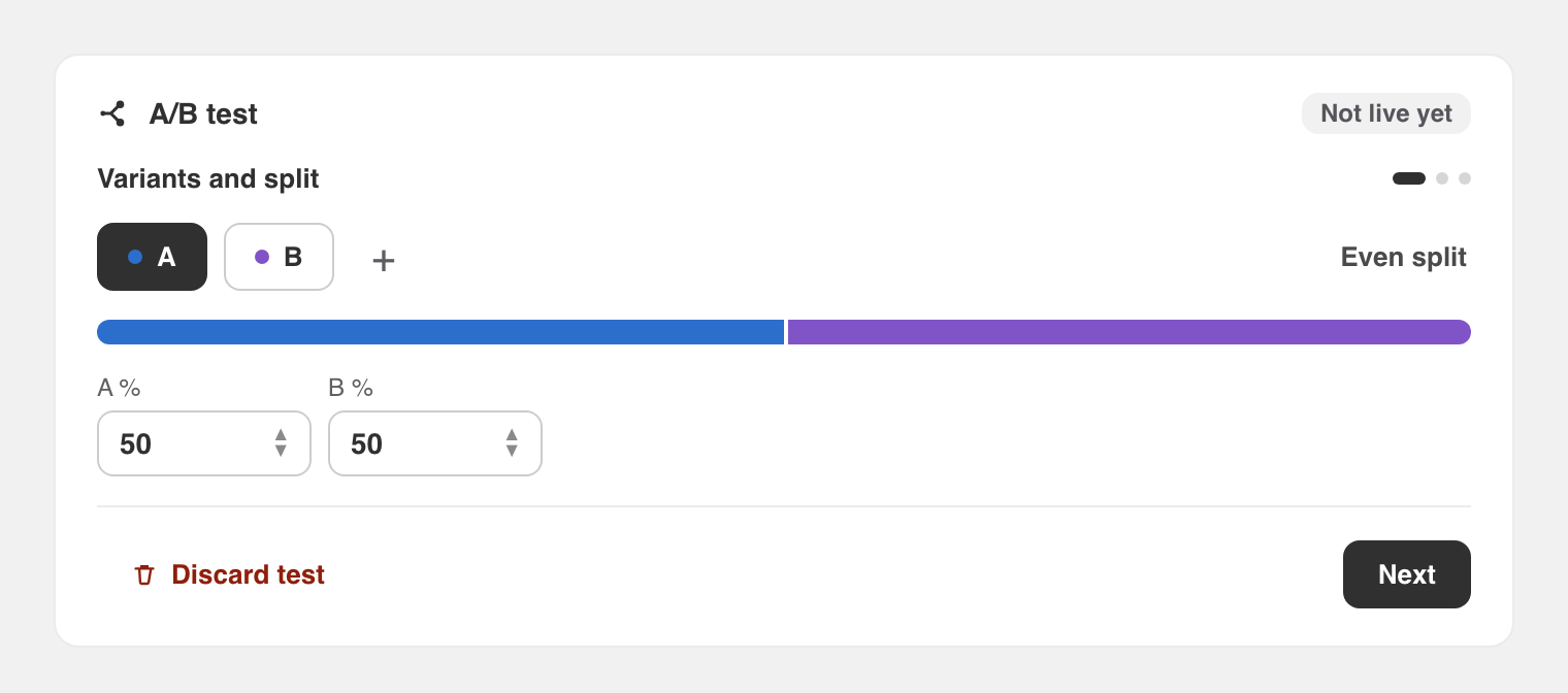 The A/B test setup inside an offer: variants, traffic split and goal